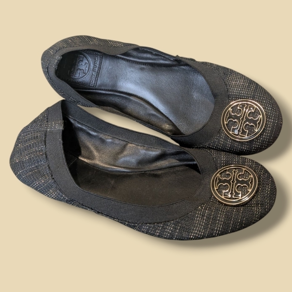 Tory Burch Black Gold Tweed Leather Emblem Slip-On Caroline Ballet Flats 7.5 M